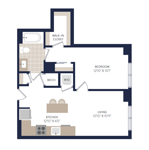 Floor plan for 1 bed, 1 bath, 604 sqft